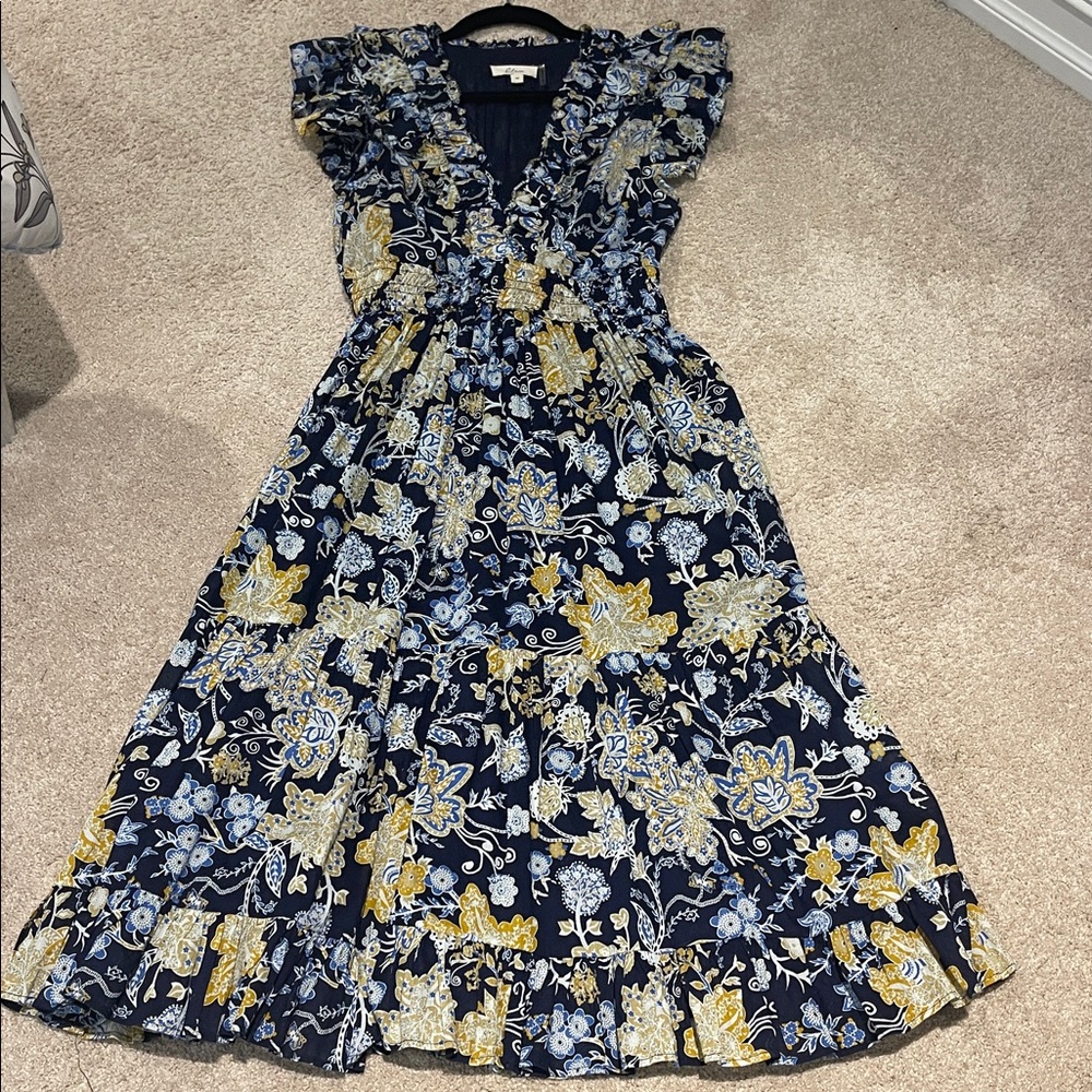Elan Navy and Yellow Floral Maxi Dress